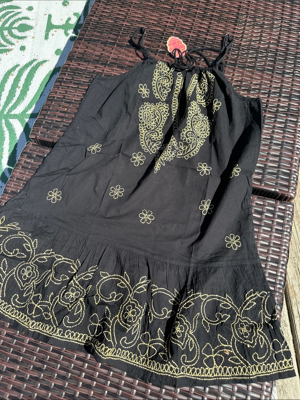 Black Embroidered Sundress with Gold Embroidery Floral Detailing